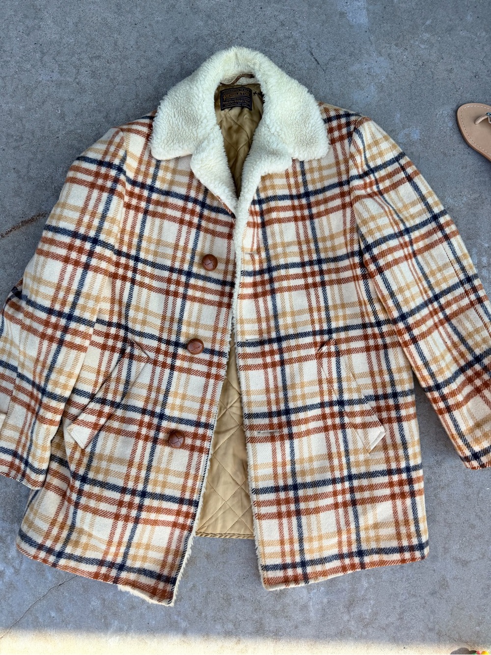 Vintage Pendleton Cream, Brown & Navy Plaid Sherpa Collar Coat